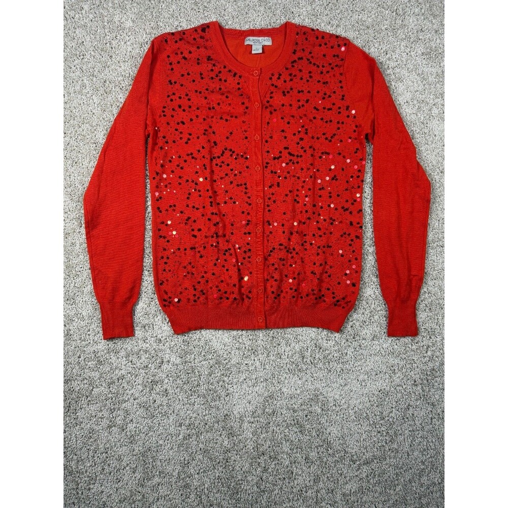 Melrose Chic XL Red Sequin Cardigan Button Front Rayon Blend Holiday Sweater